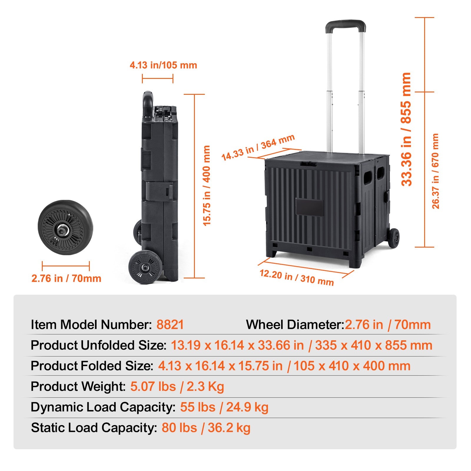 Folding Shopping Cart Foldable Utility Cart 80 Lbs Telescoping Handle