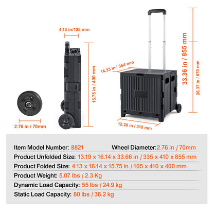 Folding Shopping Cart Foldable Utility Cart 80 Lbs Telescoping Handle