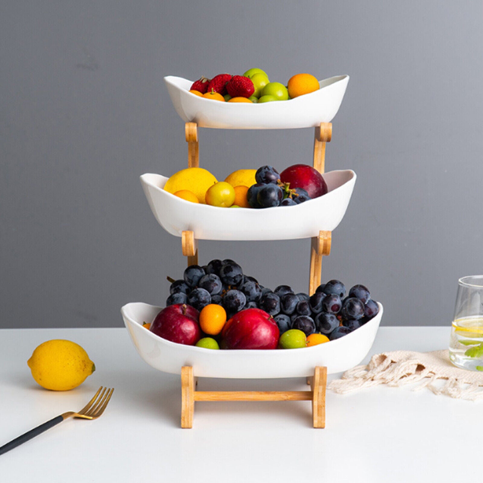 3-Tier Fruit Tray Storage Rack – Bamboo & Ceramic Stand for Snacks, Candy, Sushi – Elegant Display for Home, Parties, Weddings & More (White/Brown)