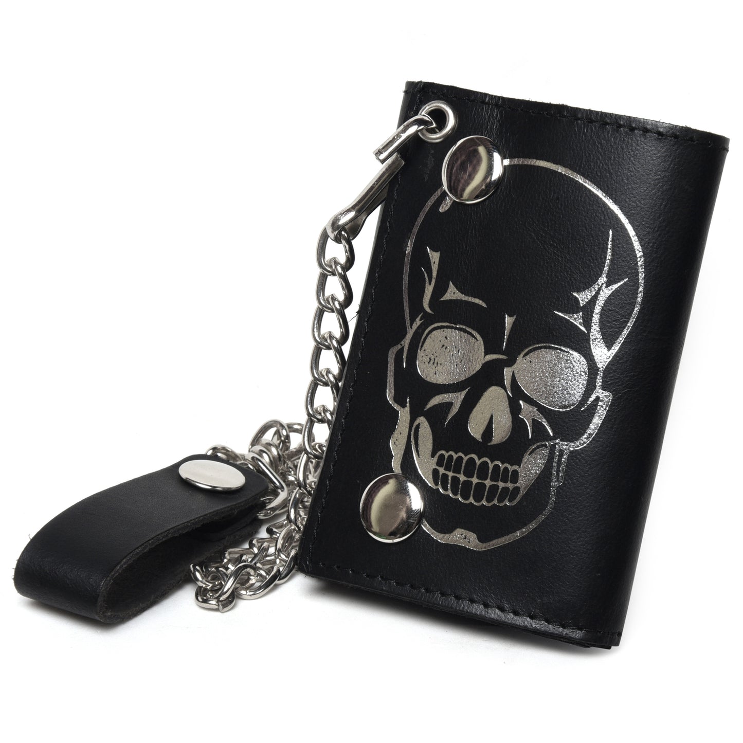 Leatherboss Genuine Leather Men Cool Skull Trifold Wallet Chain Biker, Black