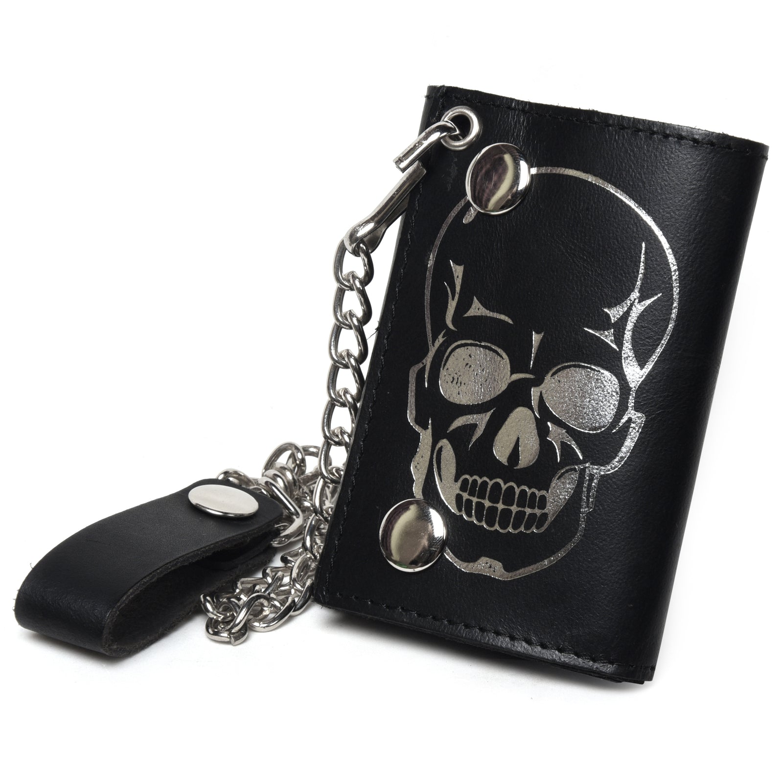 Leatherboss Genuine Leather Men Cool Skull Trifold Wallet Chain Biker, Black