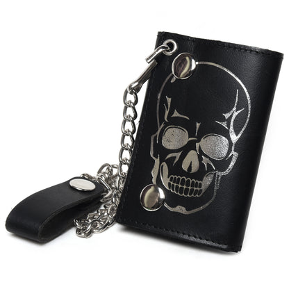 Leatherboss Genuine Leather Men Cool Skull Trifold Wallet Chain Biker, Black