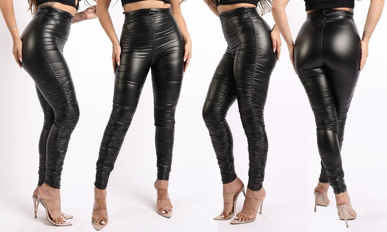 Women's Faux Leather Ruched Leggings - Super Cute & Comfy Black Pants, Trendy High-Waist Style for All Sizes XS-3X, Perfect for Day or Night Looks