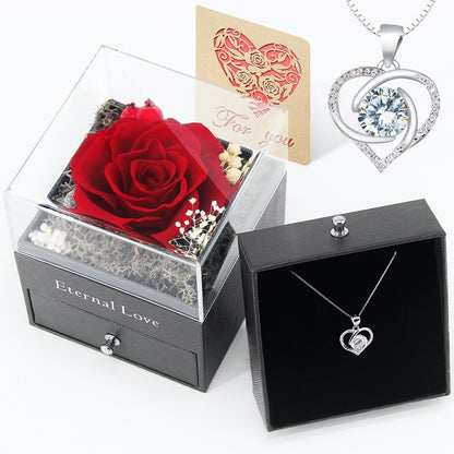 Preserved Eternal Real Rose Flower Gift Box with 14K Gold Plated Silver Necklace