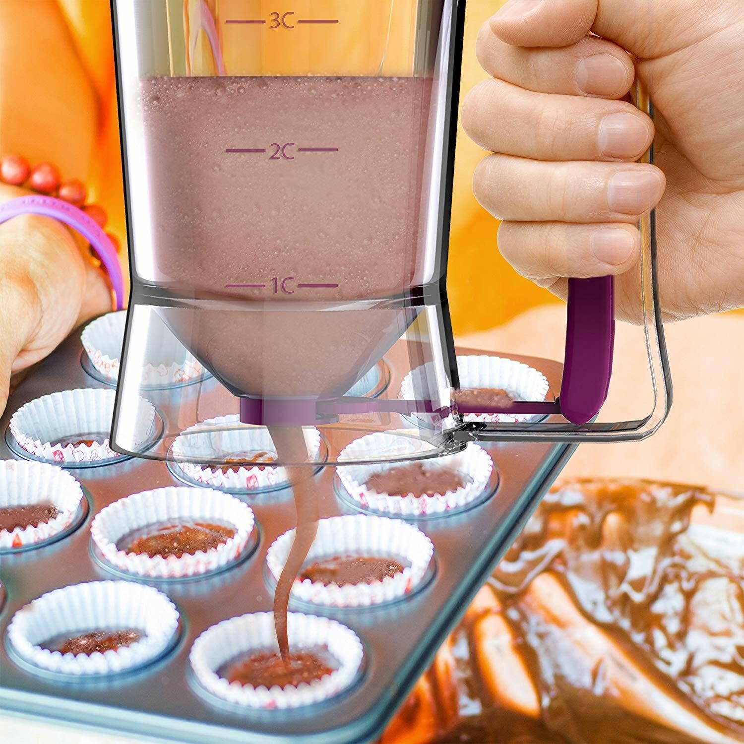 Pancake Batter Dispenser with Measuring Label (900mL) – 4 Cup Cupcake & Muffin Squeeze Bottle w/ Handle, Silicone Brush & Spatula | No Mess, Easy Baking