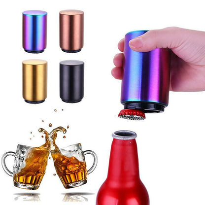 Magnet Automatic Beer Bottle Opener Push down Soda Cap Collector Stainless Steel