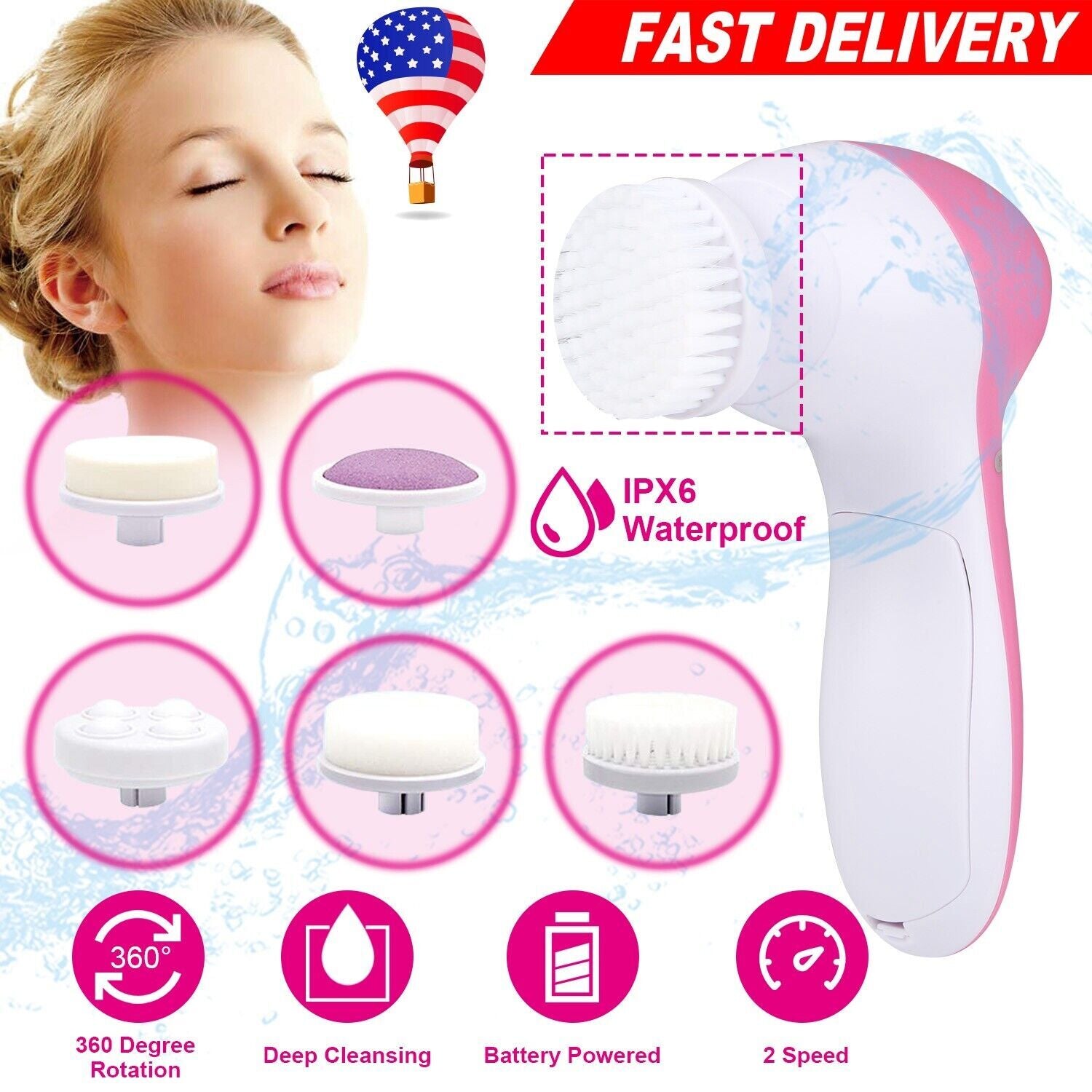 360° 5 in 1 Facial Cleansing Brush Electric Face Body Scrub Tools Waterproof