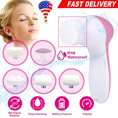 360° 5 in 1 Facial Cleansing Brush Electric Face Body Scrub Tools Waterproof