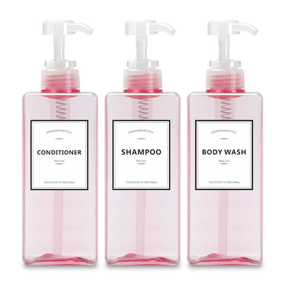 Shampoo Bottles Pink Shampoo and Conditioner 16.9Oz Set of 3 Pink Clear Empty with Pump Dispenser