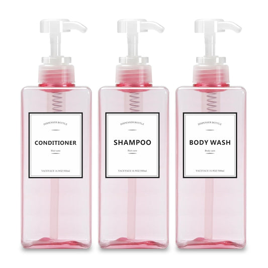 Shampoo Bottles Pink Shampoo and Conditioner 16.9Oz Set of 3 Pink Clear Empty with Pump Dispenser