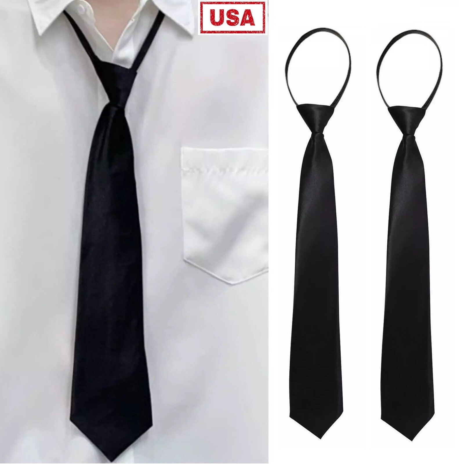 3× Men'S Black Pretied Necktie Men Adjustable Office Zipper Neck Tie Gifts USA