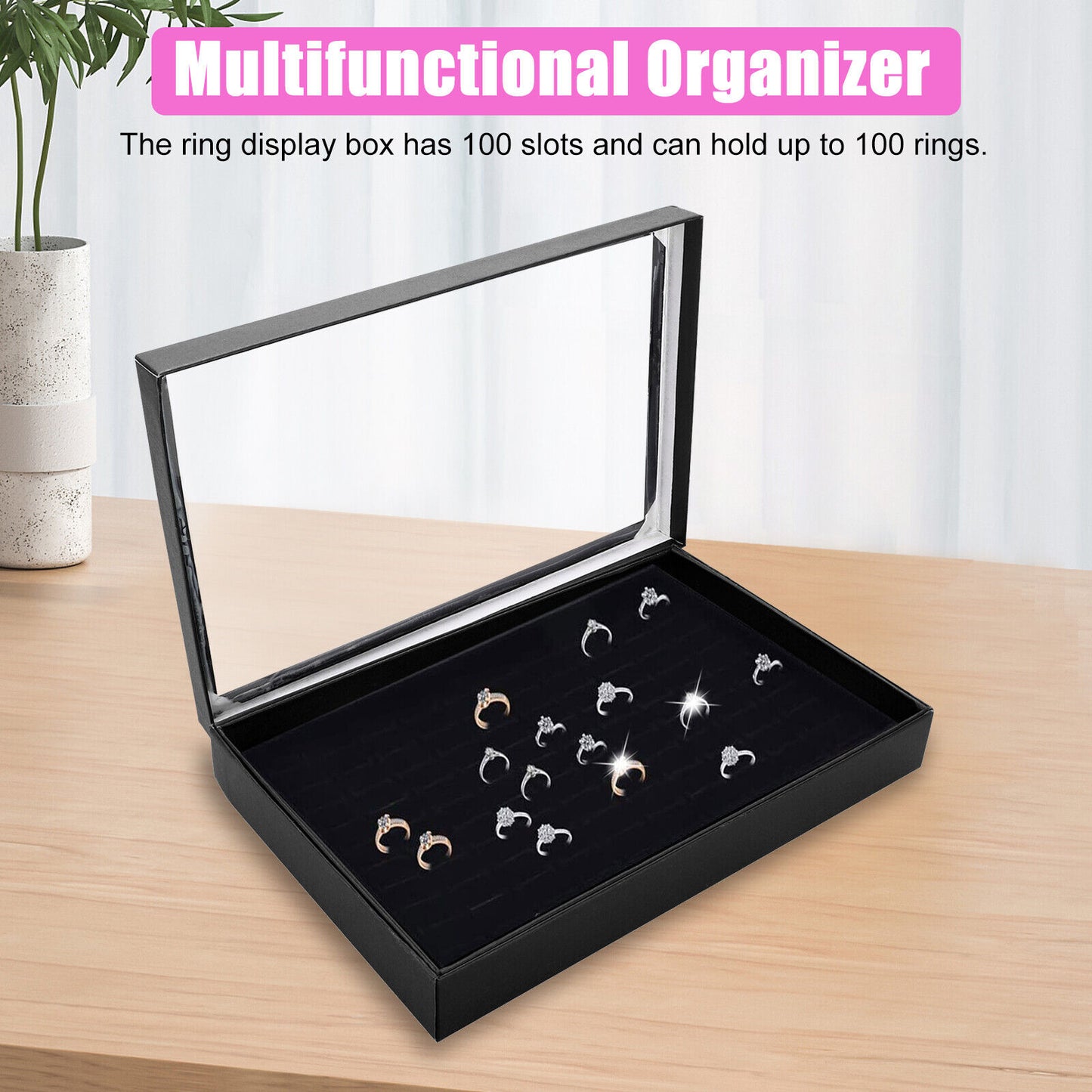 100 Slots Jewelry Ring Display Organizer Tray Holder Earrings Storage Boxes Case