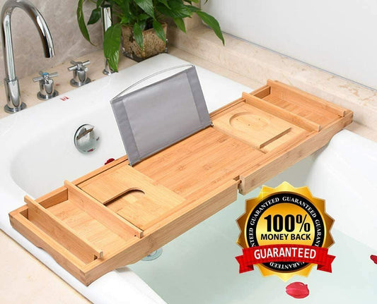 Bathtub Tray Caddy, Luxury Bamboo Bath Table – Expandable Solid Wood Holder for Wine, Books & Spa Essentials Wooden Gift 