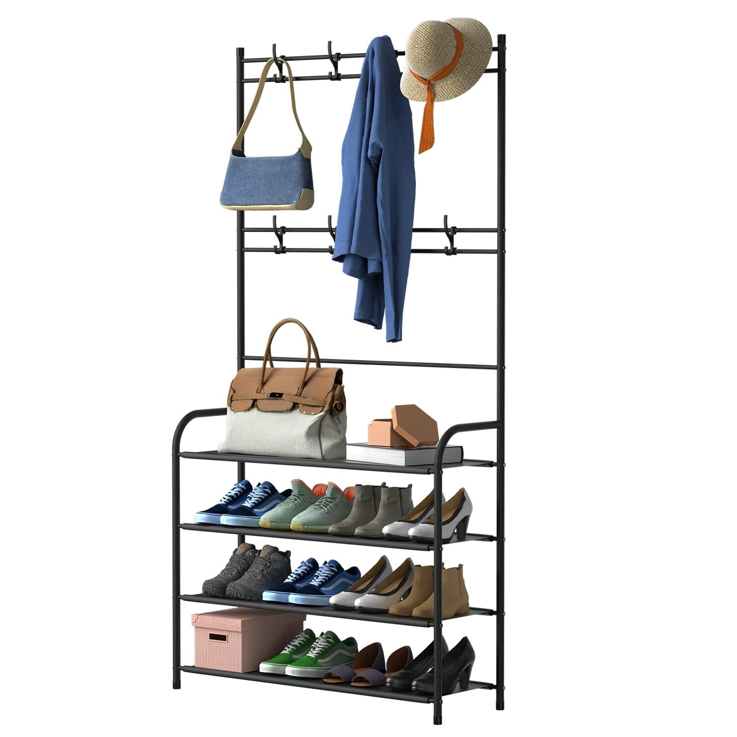 Coat and Shoe Rack for Entryway Organizer Metal Coat Hat Rack W/ 4 Tier Shelves
