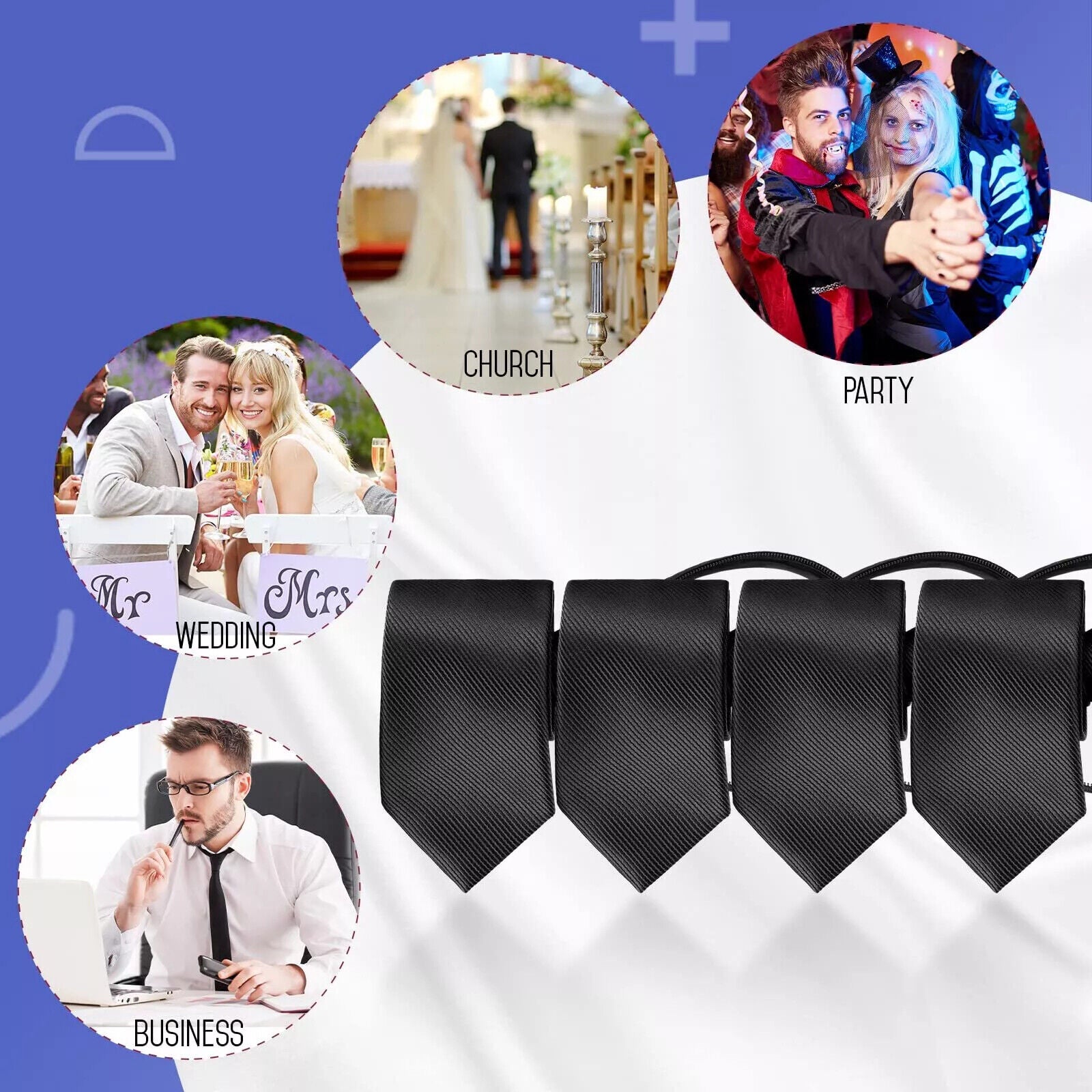 3× Men'S Black Pretied Necktie Men Adjustable Office Zipper Neck Tie Gifts USA