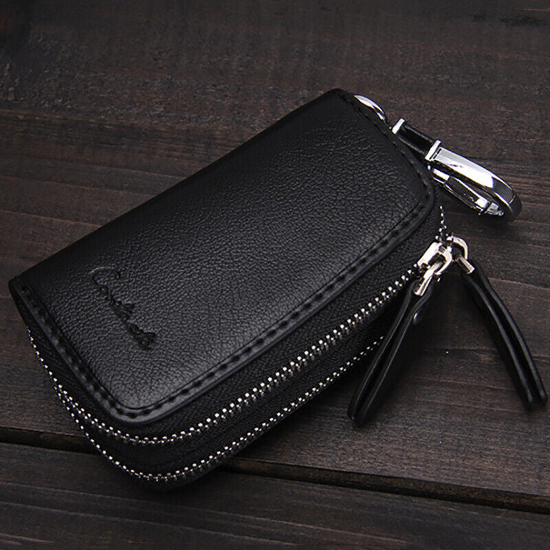 Keyholder Retro Casual Cowhide Leather Double Zipper Car Key Case Holder Wallet Key Bag