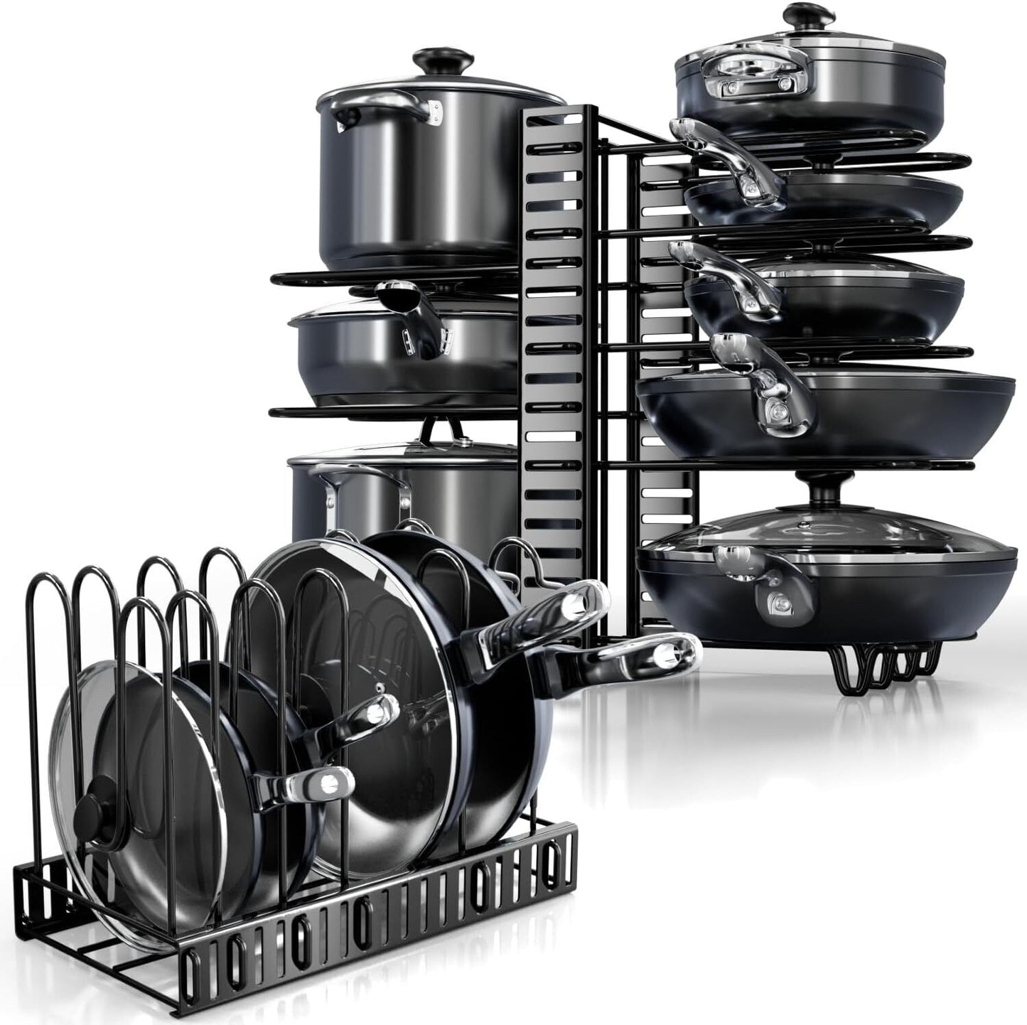 pantry storage organizers Expandable Pot Rack Organizer – Heavy-Duty Iron, Rustproof, Adjustable Shelves for Any Pan Size Space-Saving Cabinet Plastic