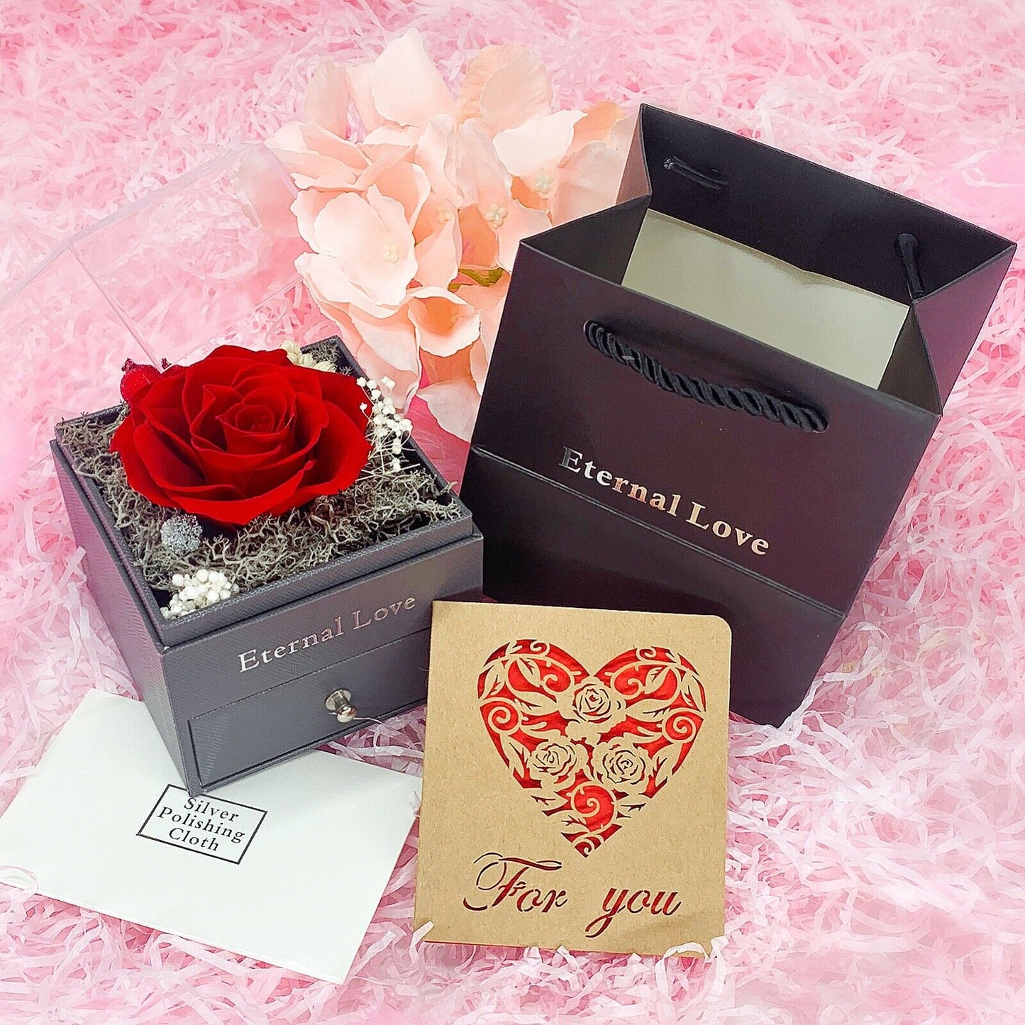 Preserved Eternal Real Rose Flower Gift Box with 14K Gold Plated Silver Necklace