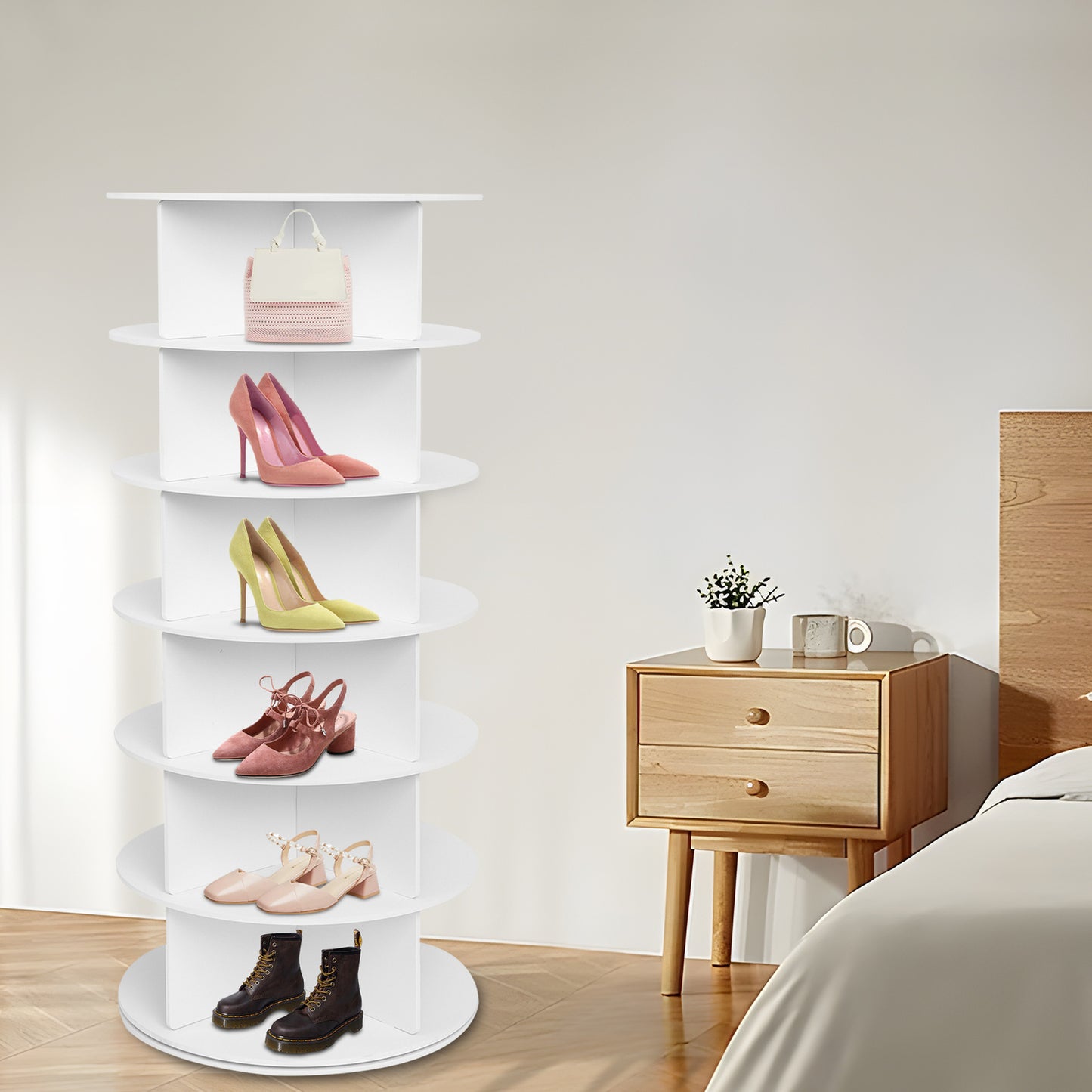 7-Tier Rotating Shoe Rack Tower 360° Spinning Shoe Display Carousel White