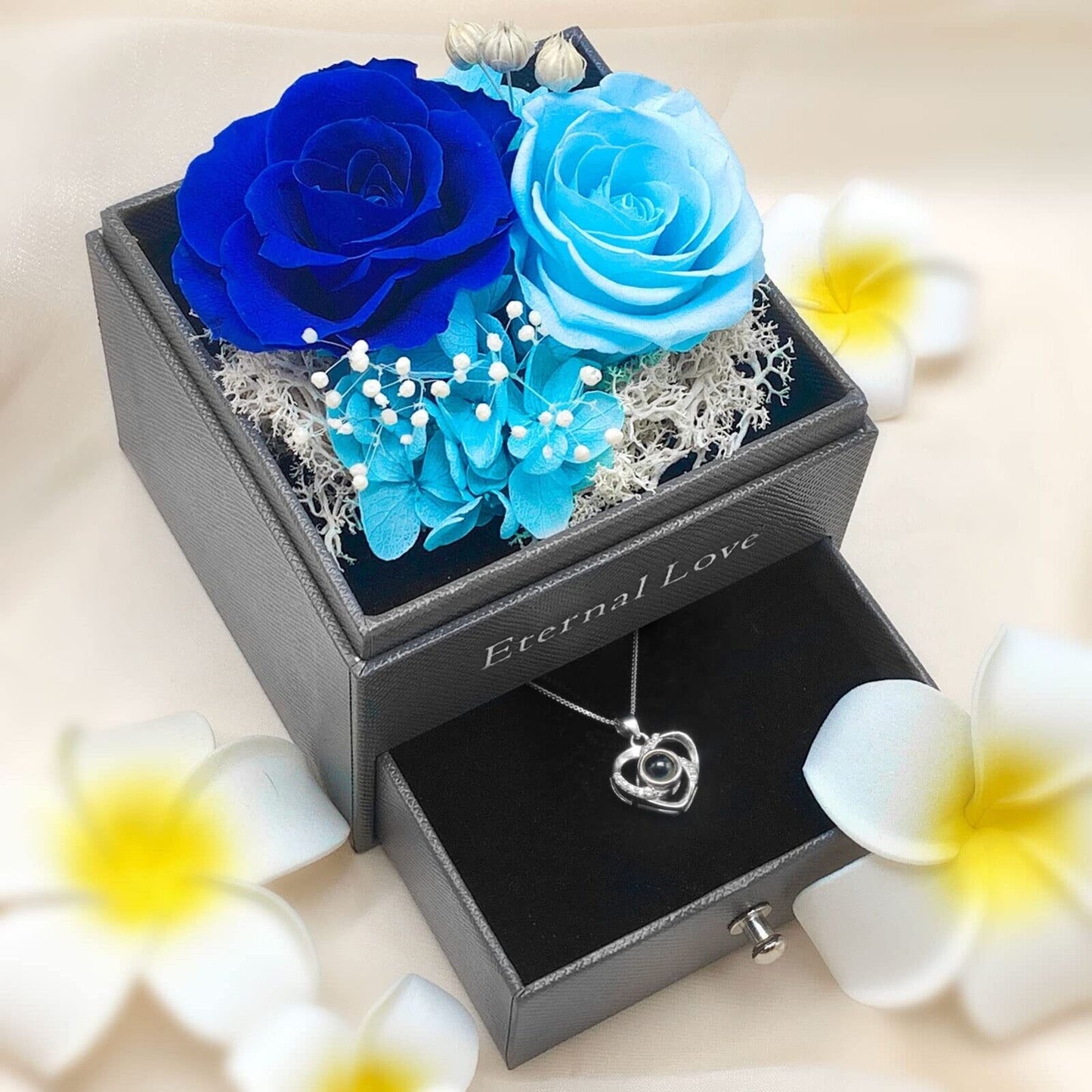 Preserved Eternal Real Rose Flower Gift Box with 14K Gold Plated Silver Necklace