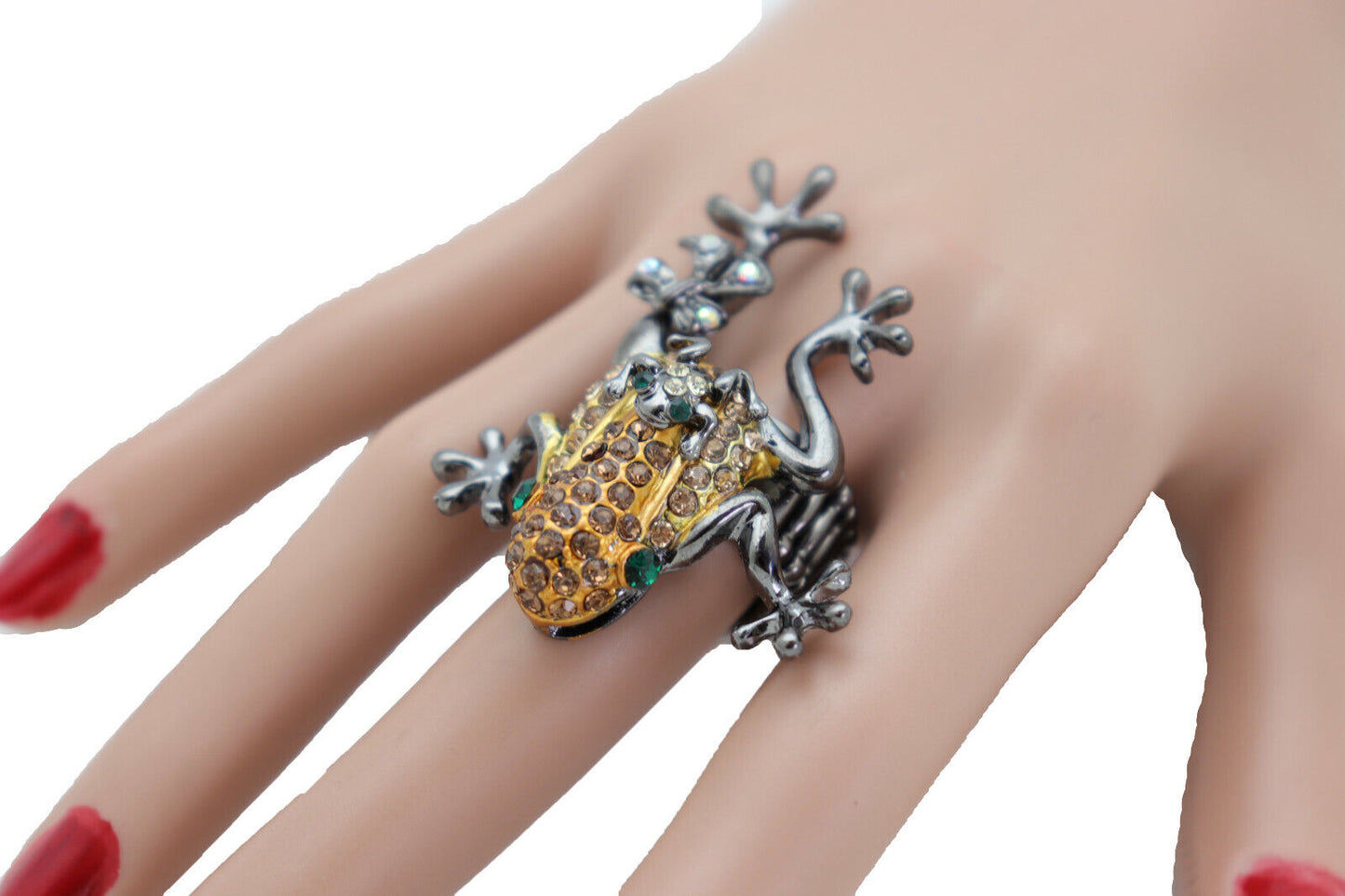 golf jewelry, Women’s Black Metal Frog Ring - Stretch Band, Bling Fashion Jewelry with Green & Gold Rhinestones, Unique Animal Design for Trendy Acc