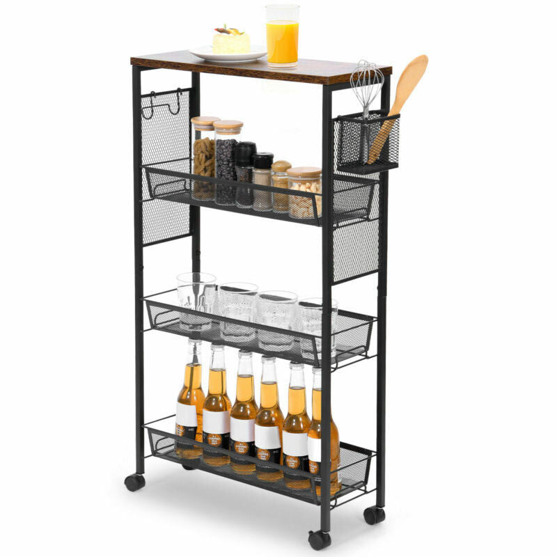 4-Tier Kitchen Microwave Cart with Wheels – Slim Utility Storage Rack, Rolling Workstation Shelf, Space-Saving Organizer for Pantry, Laundry Bathroom