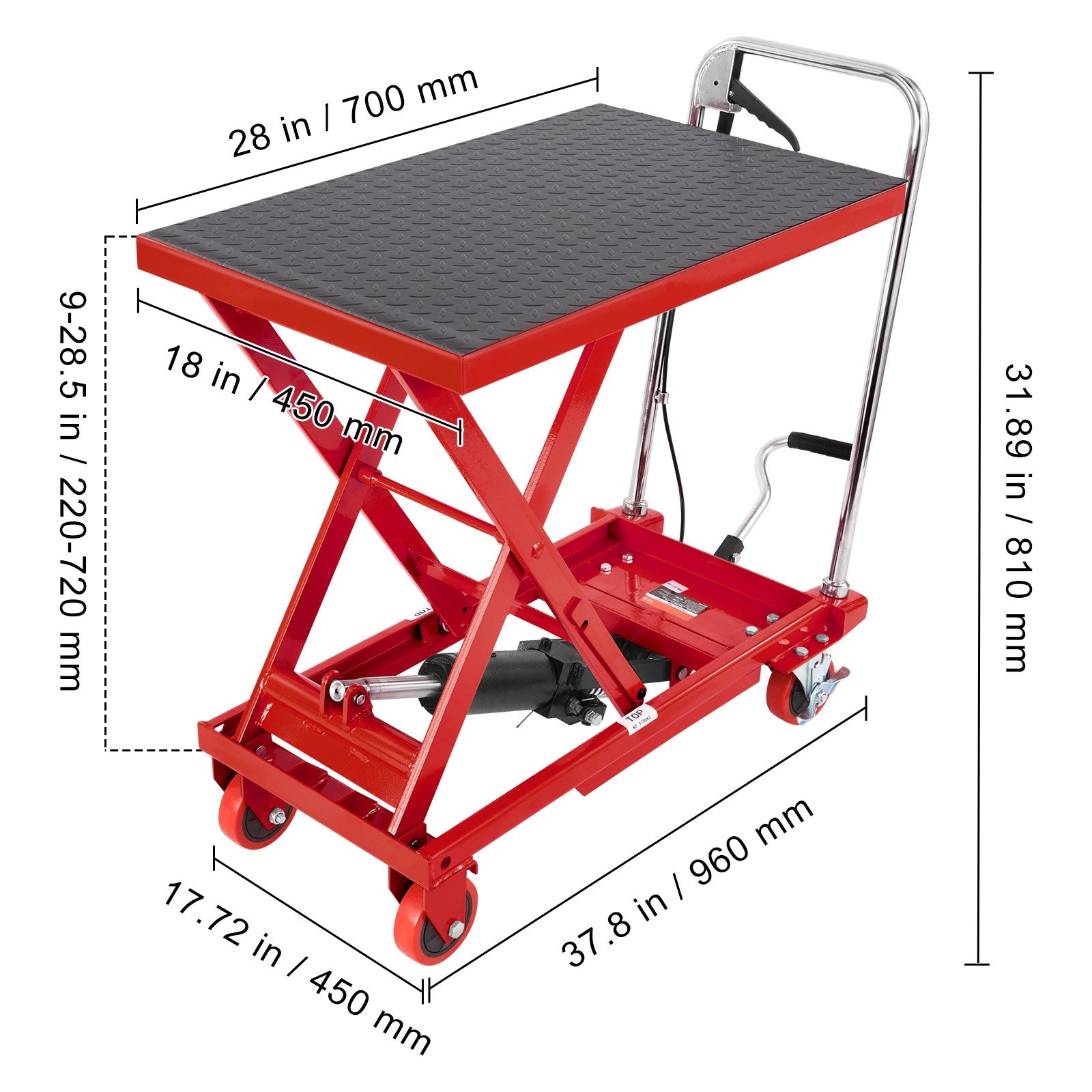 Hydraulic Lift Table Cart 500 Lbs Manual Scissor Lift Table 28.5" Red