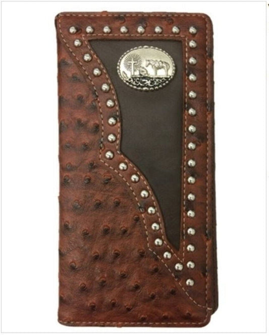 Cowboy Wallet for Men - Cross Praying Bifold Checkbook Style, 7 Card Slots, ID Slot, Cash Pockets, Extra Card Holder, Brown Leather Look