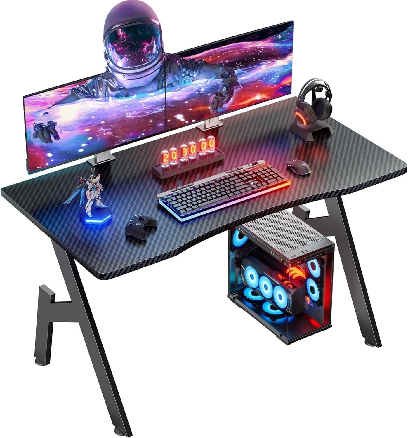 Gaming Desk for Gamers - Large Ergonomic PC Table, Carbon Fiber Surface, Sturdy Steel Frame, Headphone Hook, Cup Holder, Cable Management