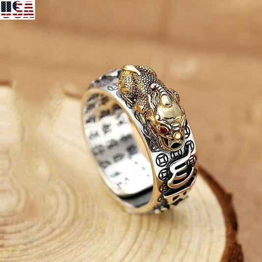 Silver Feng Shui Pixiu Adjustable Ring MANI Mantra Protection Wealth Ring USA