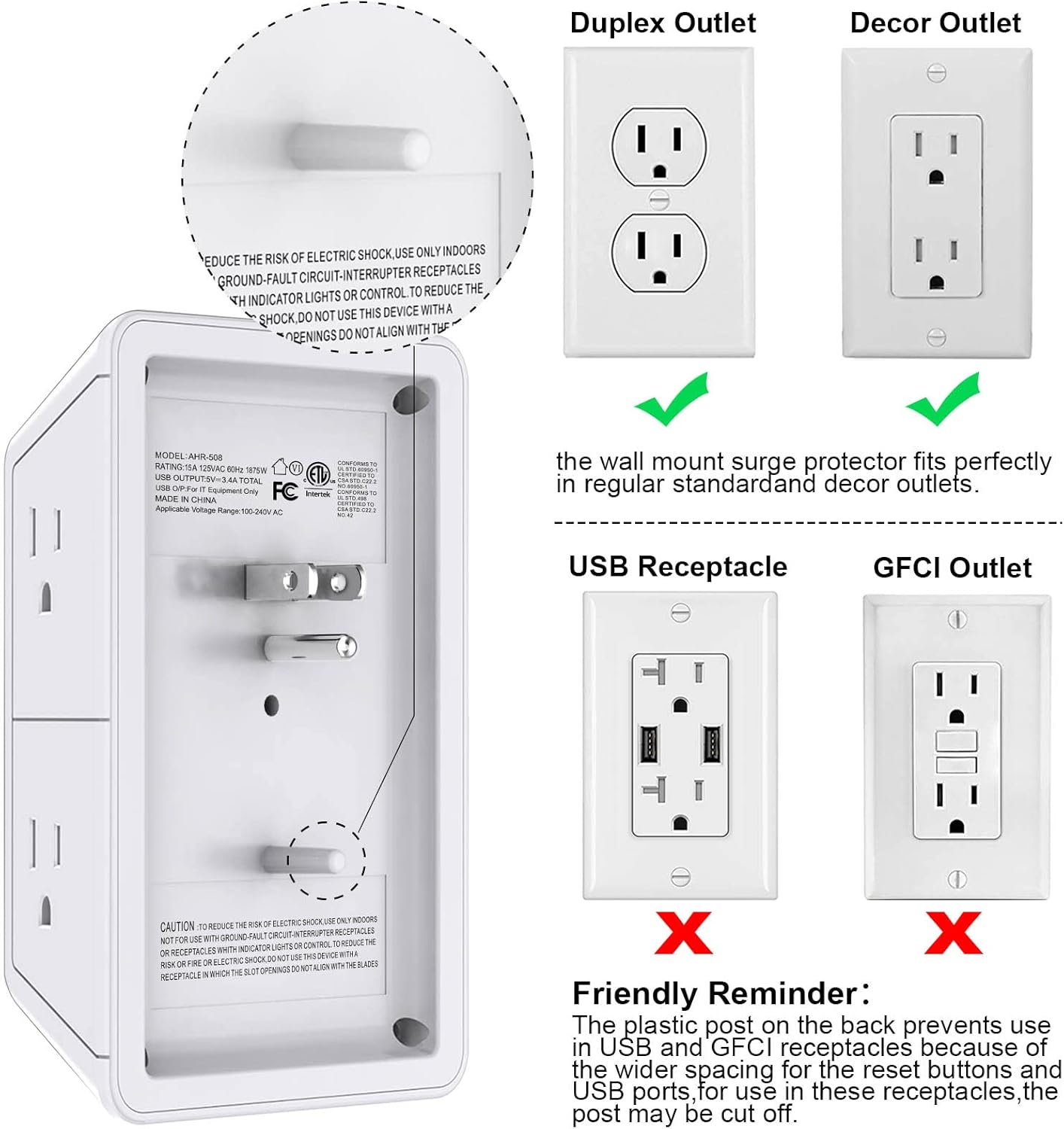 USB Wall Outlet with Fast Charging (USB-C), Surge Protector, 6 Wide-Spaced AC Outlets & Smart LED Night Light – Space-Saving 3D Design for Home & Office