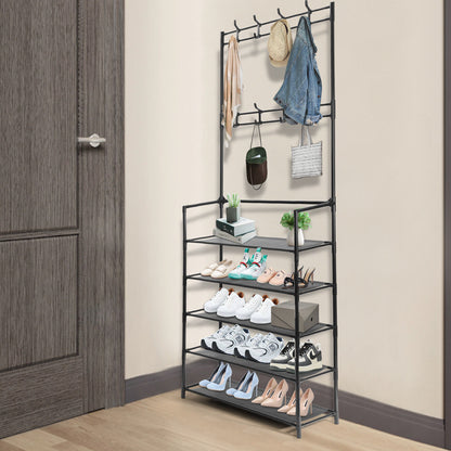 storage unit, Entryway Coat Rack with Shoe Storage – 3-in-1 Freestanding Organizer with Hooks & 5-Tier Shelves, Space-Saving Hall Tree for Hats