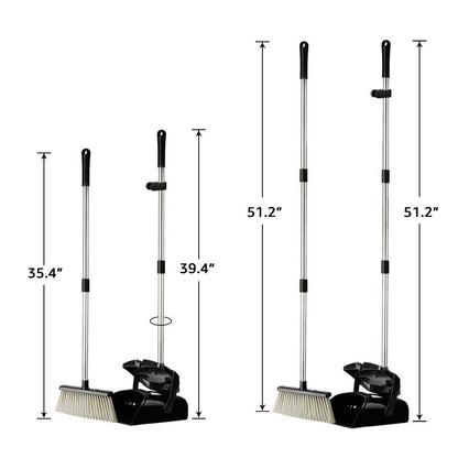 Easy Upright Broom & Dustpan Set – 51” Long Handle, Self-Cleaning Teeth, Standing Dustpan w/ Lid, No Bending, for Home, Office & Outdoor Cleaning