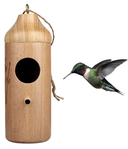 Natural Wooden Hummingbird House - Durable, Breathable, Easy to Hang with Pole & Metal Ring, Perfect for Garden, Porch, Backyard & Bird Lovers Gift