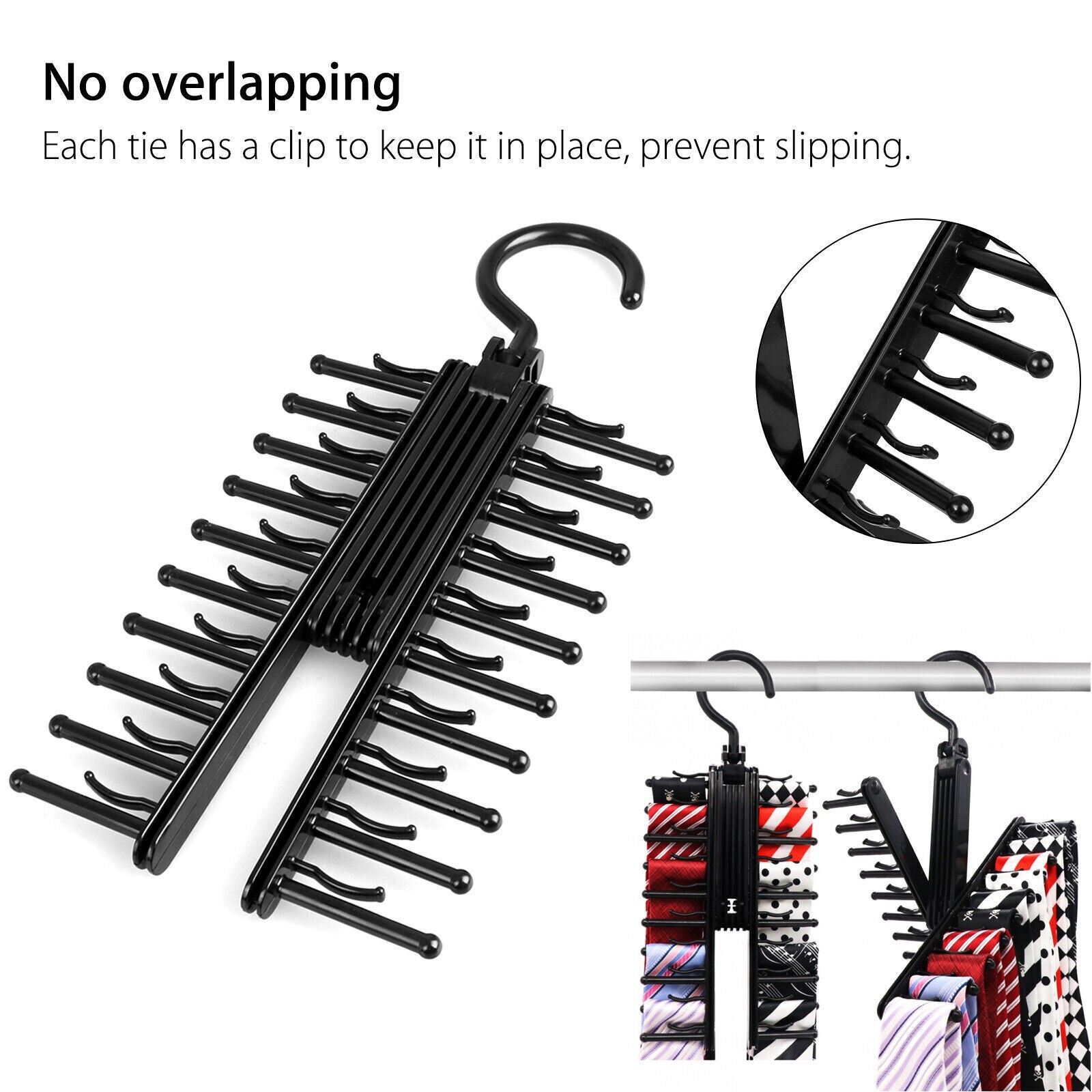 Tie Rack Organizer for Closet - 20 Tie Hanger with 360° Rotating Hook, Space-Saving Non-Slip Clips, Durable ABS Plastic, Easy Access & Neat Storage