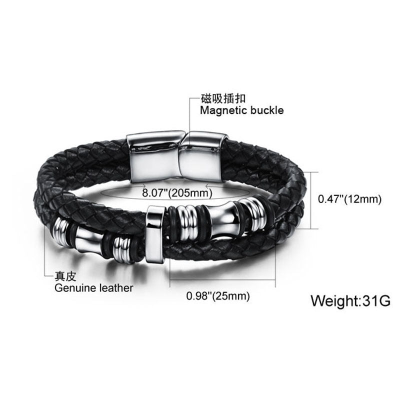 Men's Black Leather Braided Bracelet - Stainless Steel Cuff, Trendy Wristband for Everyday Style - Perfect Gift for Him, Modern & Durable Design