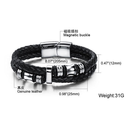 Men's Black Leather Braided Bracelet - Stainless Steel Cuff, Trendy Wristband for Everyday Style - Perfect Gift for Him, Modern & Durable Design