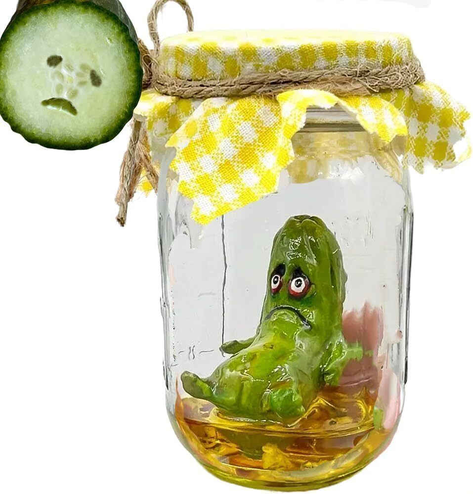 Handmade Emotional Support Grumpy Pickle in a Jar Sculpture, Handmade Cute Emotional Support