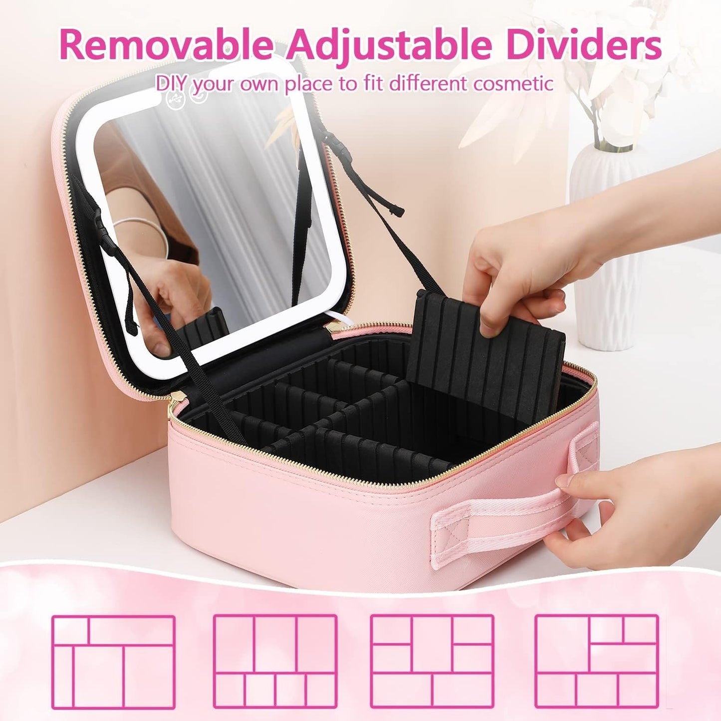Travel Makeup Bag with LED Lighted Makeup Case with Mirror 3 Color Setting