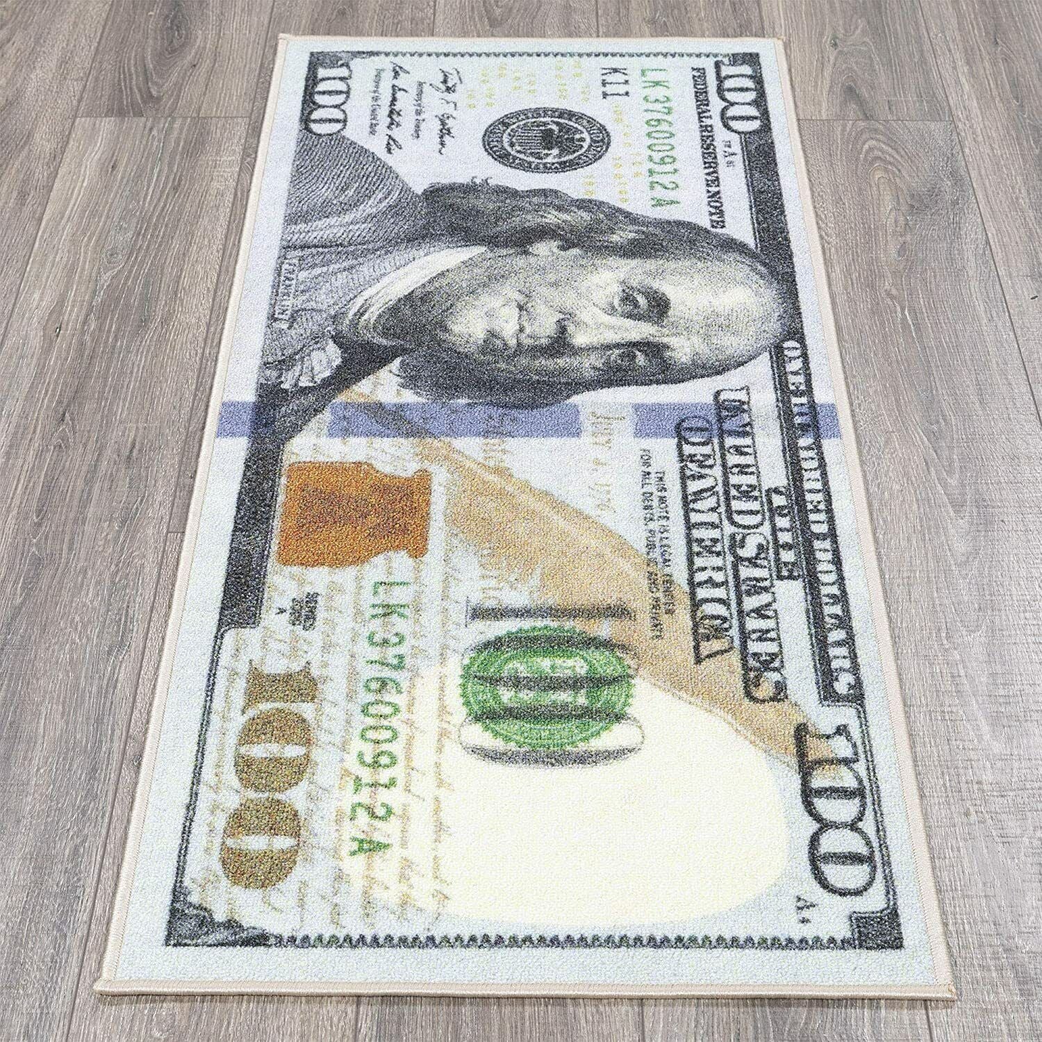 Money Runner Rug 100 Dollar Bill - 22”x53” Non-Slip Carpet, Durable & Stain-Resistant Home Decor, Modern Design, Rubber Backing, Easy to Clean