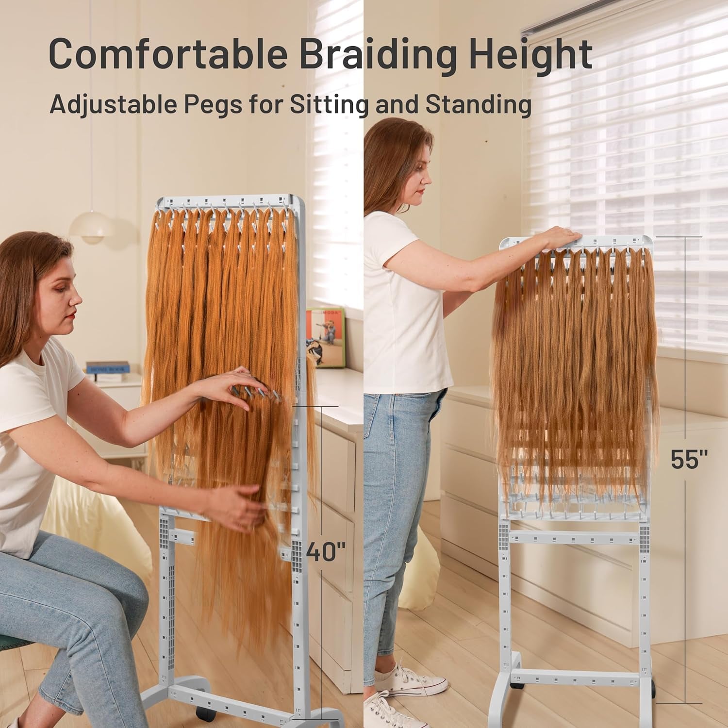 Braiding Hair Rack with 280 Pegs - Adjustable 2-Sided Hair Braiding Stand with Wheels for Tangle-Free Extensions & Storage