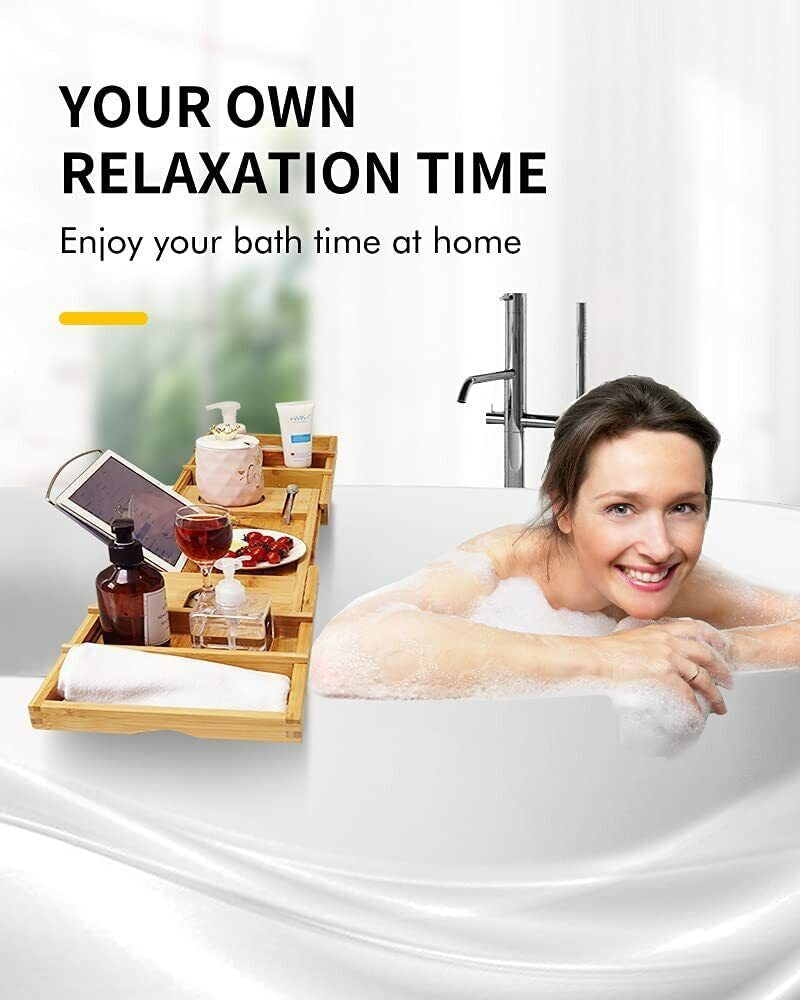 Bathtub Tray Caddy, Luxury Bamboo Bath Table – Expandable Solid Wood Holder for Wine, Books & Spa Essentials Wooden Gift 