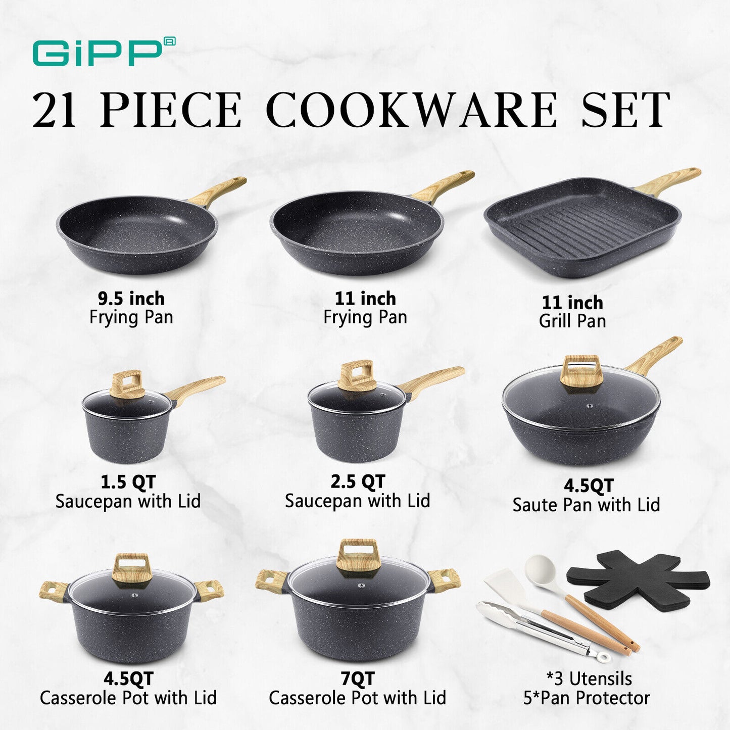 complete cookware 21 pcs set - Ultra Non-Stick Granite Pots and Pans, Induction Compatible, PFOS & PFOA-Free, Easy to Clean, Works on All Stovetops