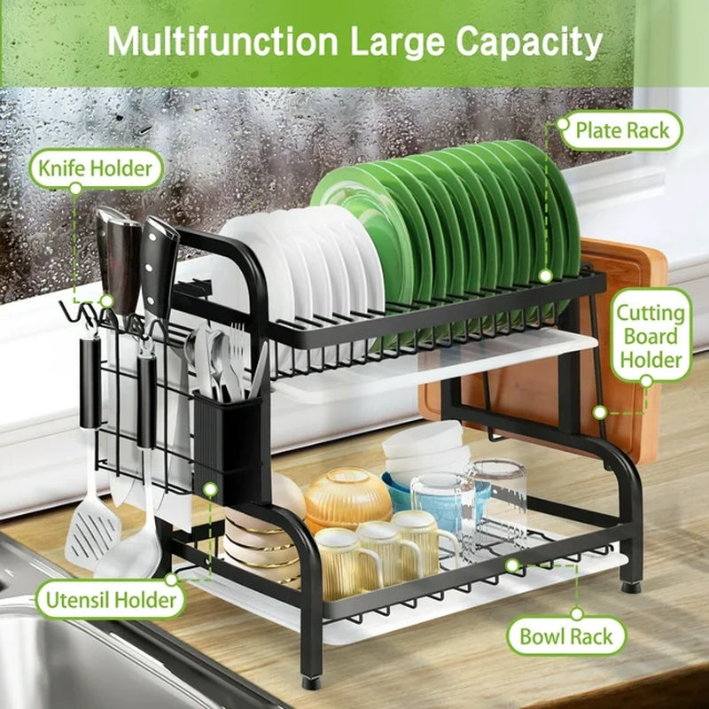 Over Sink Dish Drying Rack 2-Tier | Stainless Steel Kitchen Dish Rack with Drainboard, Utensil Holder, Cutting Board Rack | Space-Saving Organizer