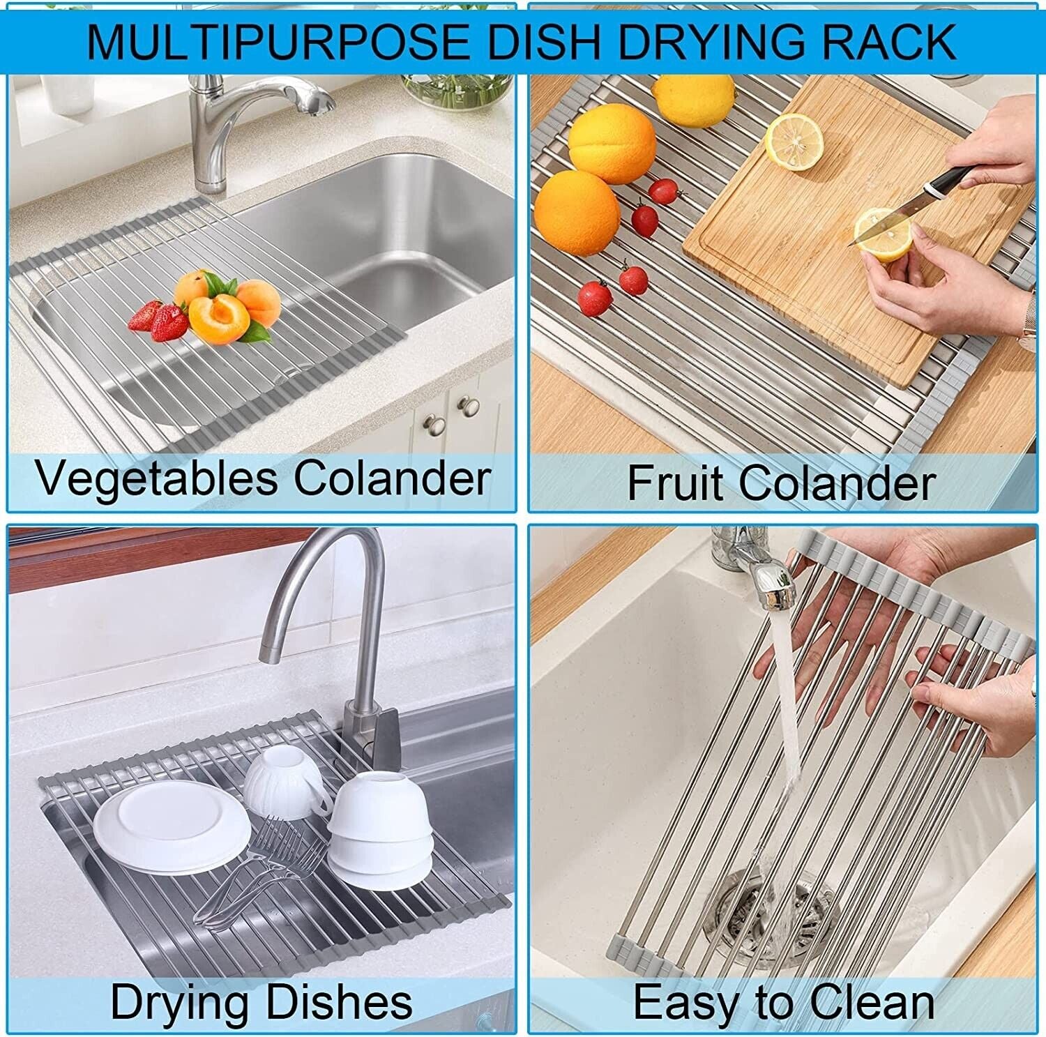 Large Kitchen Over Sink Drying Rack | Stainless Steel Roll-Up Dish Drainer & Cutting Board | Multi-Functional Space-Saving Food Prep Solution