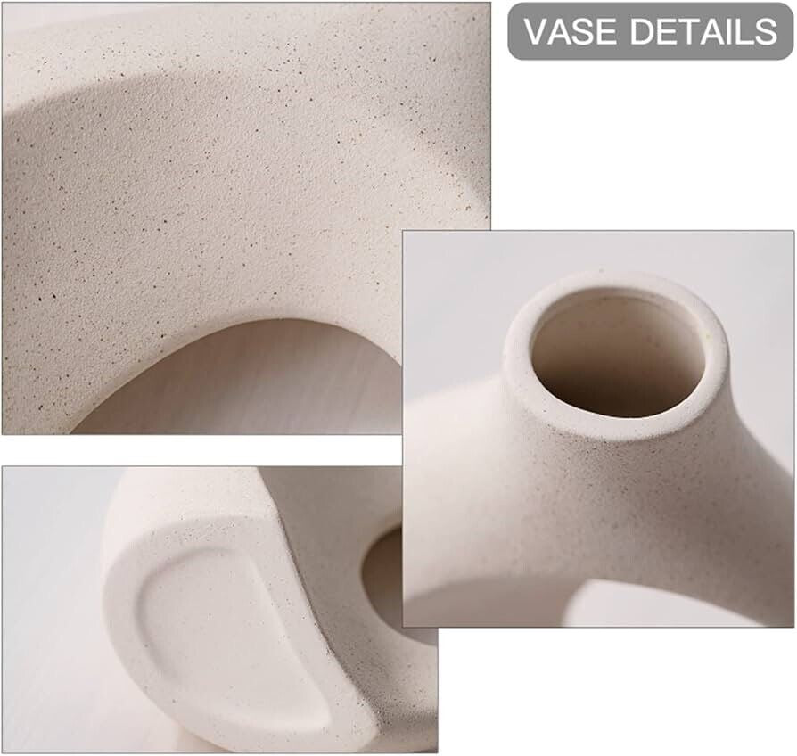 Off White Hollow Ceramic Vase Set - Modern Donut Boho Vases for Minimalist Home Decor, Nordic Aesthetic Shelf & Coffee Table Decor,Trendy Room Accents