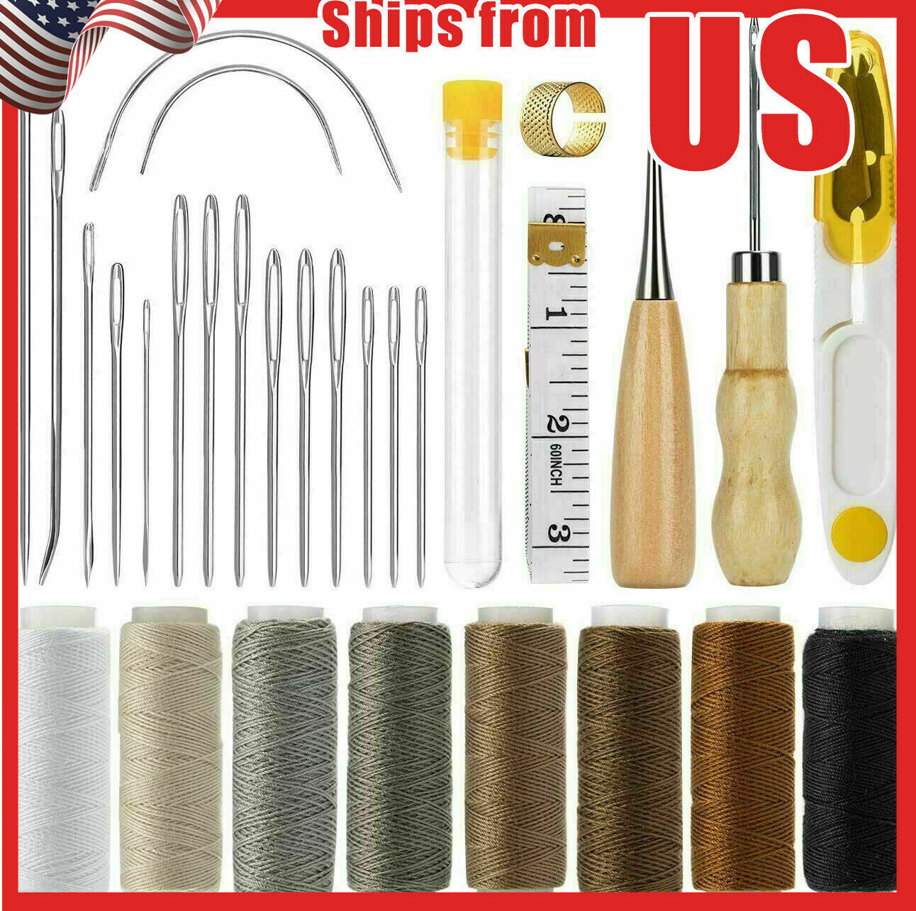 29Pcs Leather Craft Punch Tools Kit Stitching Carving Working Sewing Needles US