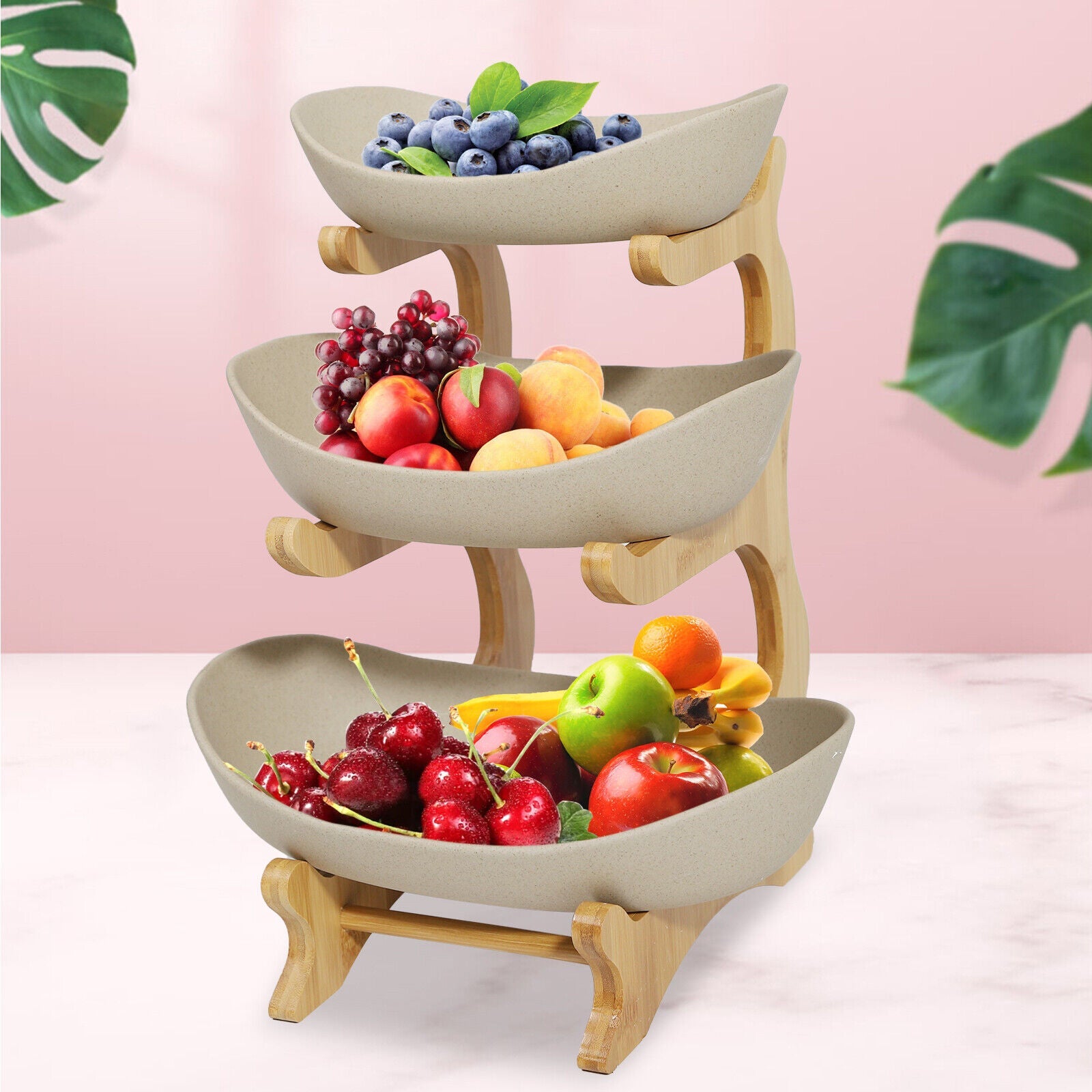 3-Tier Fruit Tray Storage Rack – Bamboo & Ceramic Stand for Snacks, Candy, Sushi – Elegant Display for Home, Parties, Weddings & More (White/Brown)
