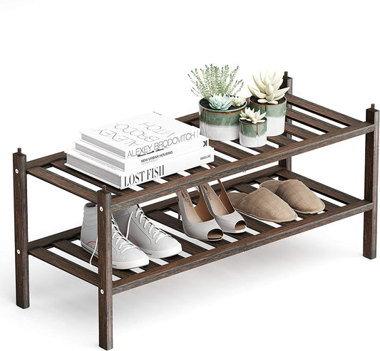 Bamboo 2-Tier Shoe Rack Stackable Shoe Shelf Storage Organizer for Entryway, ...