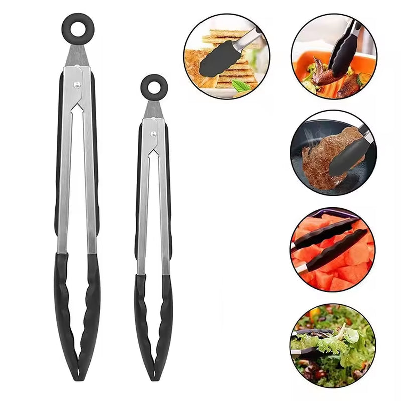 ✅SHIP NOW - Kitchen Food Tongs Silicone Stainless Steel Tongs Set | Black 9"/12"